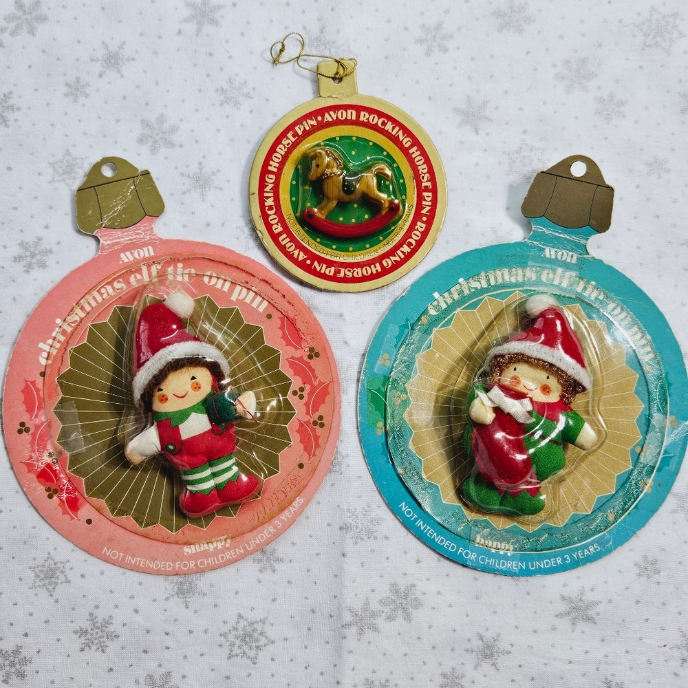Avon - Set Of 3 Vintage Elf Rocking Horse Ornament Pins 1985/87